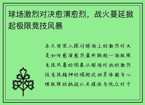球场激烈对决愈演愈烈，战火蔓延掀起极限竞技风暴