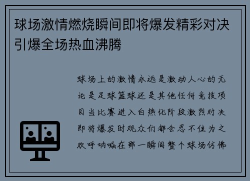 球场激情燃烧瞬间即将爆发精彩对决引爆全场热血沸腾
